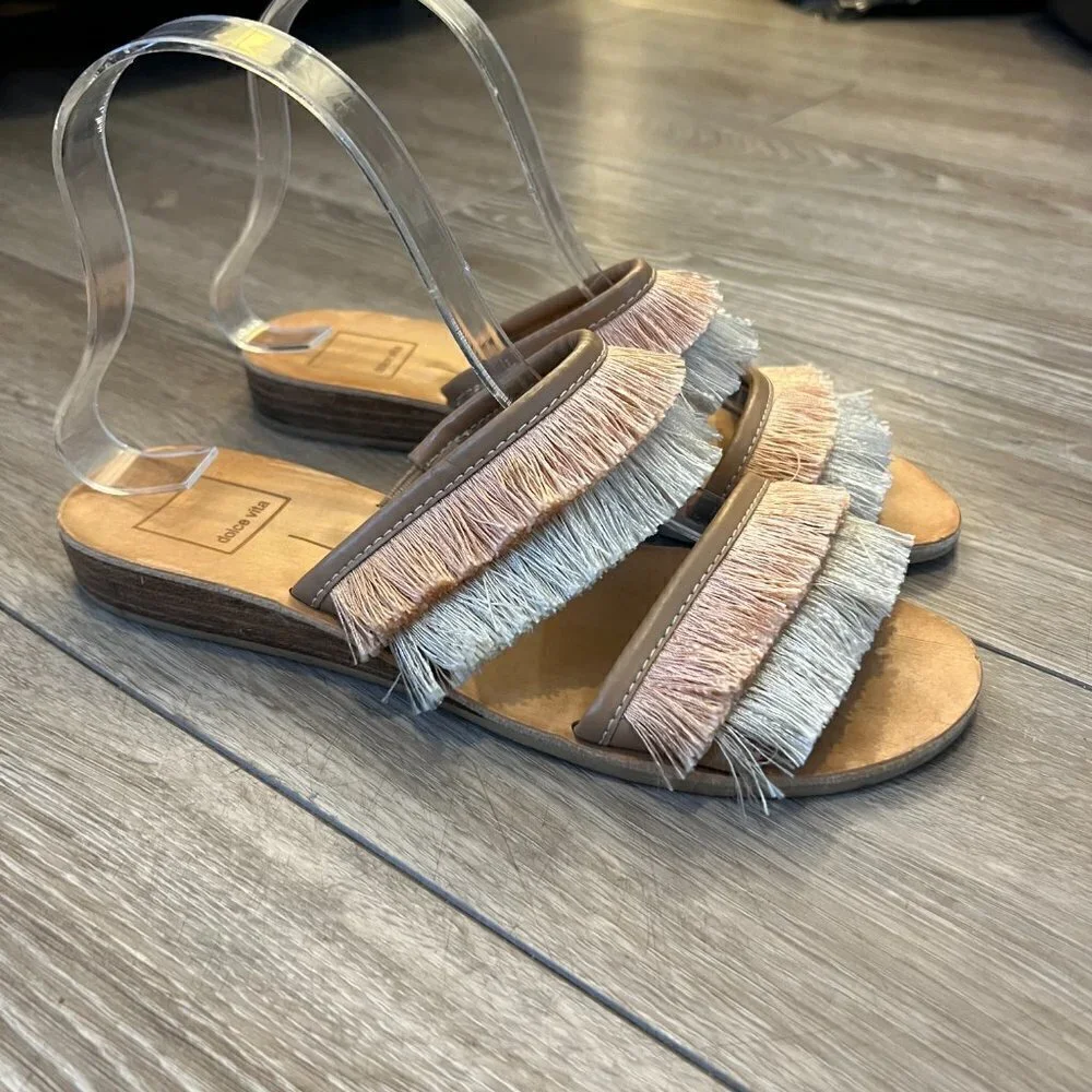 Dolce Vita Haya Sandals Natural Fringe Flat Slides Size 7 Pink White